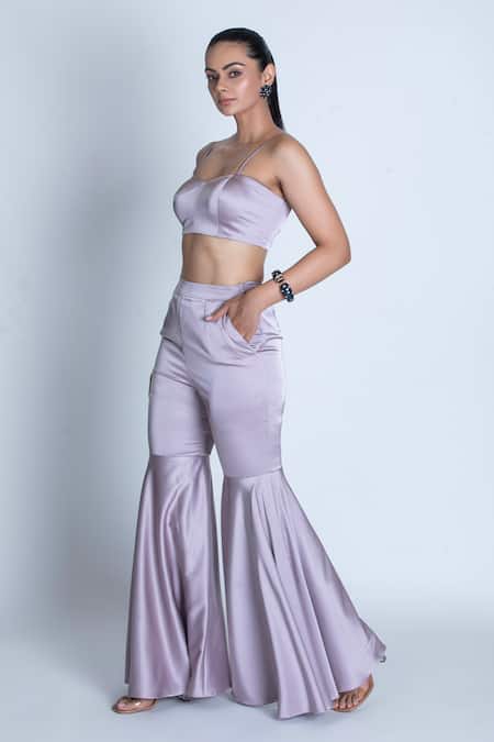Oru Pret_Purple Satin Solid Sweetheart Bustier With Sharara _Online_at_Aza_Fashions