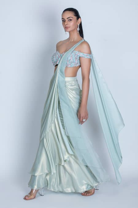 Oru Pret_Green Tulle, Satin Cut Work, Metallic Pre-draped Saree With Embroidered Blouse _Online_at_Aza_Fashions