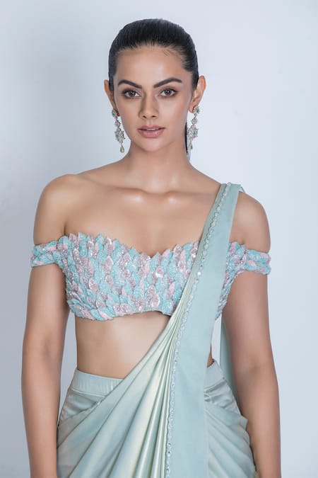 Buy_Oru Pret_Green Tulle, Satin Cut Work, Metallic Pre-draped Saree With Embroidered Blouse _Online_at_Aza_Fashions