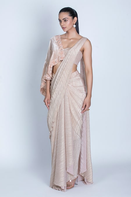 Oru Pret Peach Tulle Sequins, Cut Work, Shimmer Pleated Pre-draped Saree With Blouse Online at Aza Fashions Oru Pret_Peach Tulle Sequins, Cut Work, Shimmer Pleated Pre-draped Saree With Blouse _Online_at_Aza_Fashions