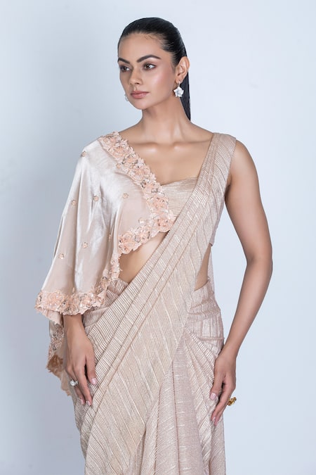 Buy Oru Pret Peach Tulle Sequins, Cut Work, Shimmer Pleated Pre-draped Saree With Blouse Online at Aza Fashions Buy_Oru Pret_Peach Tulle Sequins, Cut Work, Shimmer Pleated Pre-draped Saree With Blouse _Online_at_Aza_Fashions