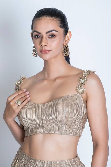 Buy Oru Pret Gold Shimmer Pleated Hand Embroidered 3d Floral Strap Bustier With Pant Online at Aza Fashions Buy_Oru Pret_Gold Shimmer Pleated Hand Embroidered 3d Floral Strap Bustier With Pant _Online_at_Aza_Fashions