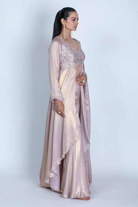 Oru Pret_Pink Silk Cut Work, Embroidery V-neck Hand Yoke Anarkali Gharara Set _Online_at_Aza_Fashions
