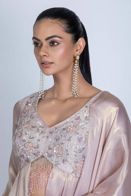 Buy_Oru Pret_Pink Silk Cut Work, Embroidery V-neck Hand Yoke Anarkali Gharara Set _Online_at_Aza_Fashions