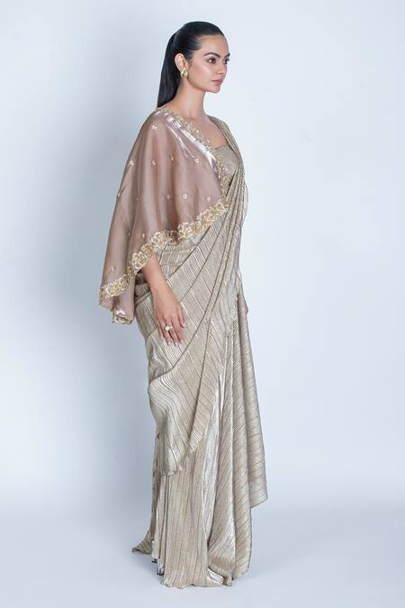 Oru Pret_Gold Tulle, Silk Sequins, Shimmer Pleat Detailed Pre-draped Saree With Blouse _Online_at_Aza_Fashions