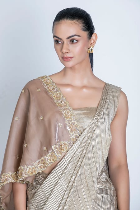 Buy_Oru Pret_Gold Tulle, Silk Sequins, Shimmer Pleat Detailed Pre-draped Saree With Blouse _Online_at_Aza_Fashions