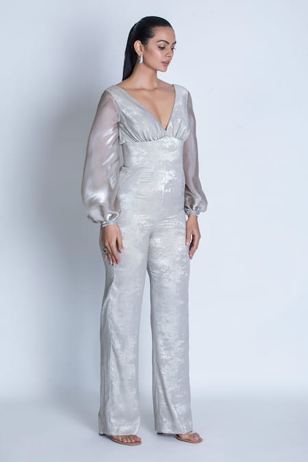 Oru Pret Silver Shimmer Crepe Plunge V Neck Jumpsuit With Belt Online at Aza Fashions Oru Pret_Silver Shimmer Crepe Plunge V Neck Jumpsuit With Belt _Online_at_Aza_Fashions