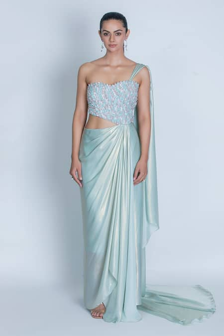 ORU PRET Sea Green 3D Leaf Hand Embroidered Saree Gown 