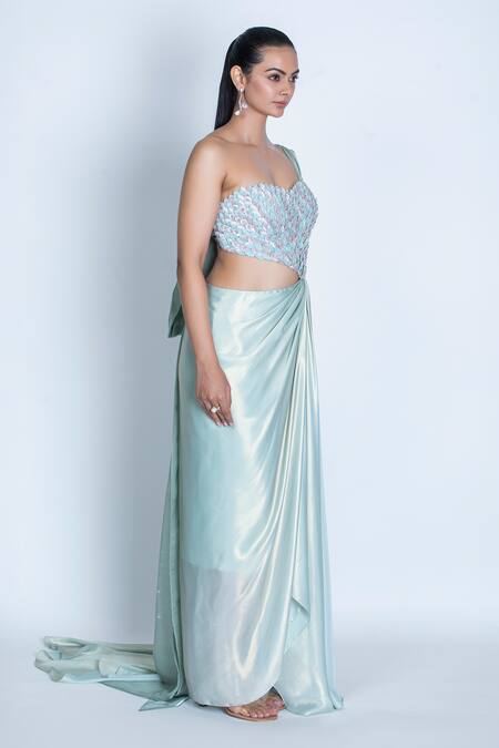 Oru Pret_Green Silk Sequins, Beads Sweetheart Sea 3d Leaf Hand Embroidered Saree Gown _Online_at_Aza_Fashions