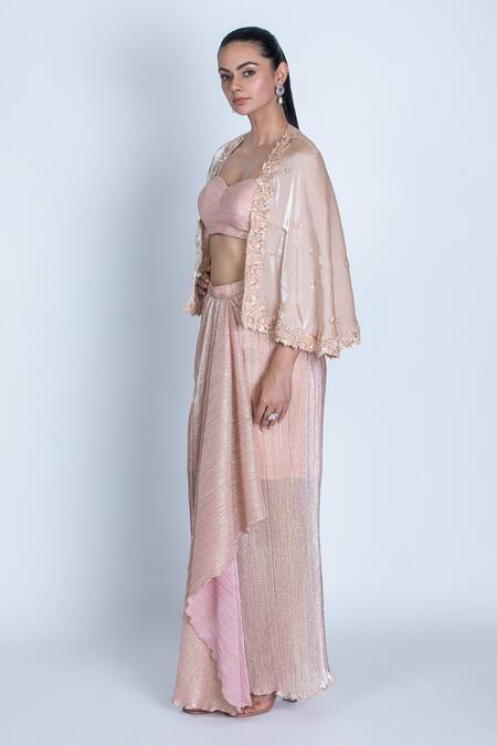 Oru Pret_Peach Tulle Beads, Cut Work Sweetheart Shimmer Pleated Dhoti Skirt Set With Cape _Online_at_Aza_Fashions