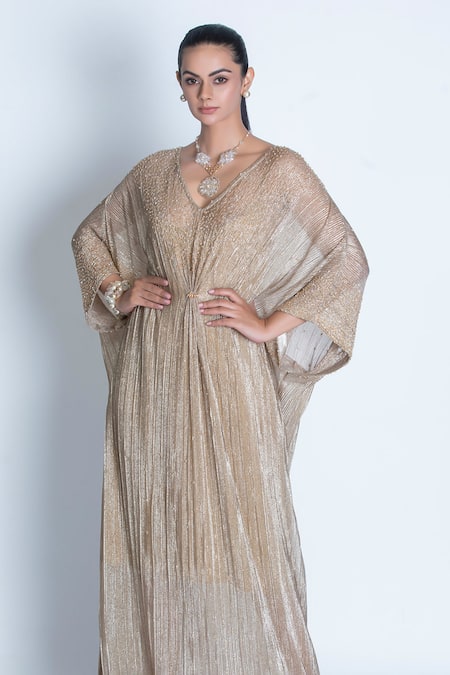 Oru Pret_Gold Shimmer Pleated Hand Embroidered Crystals V Neck Kaftan _Online_at_Aza_Fashions