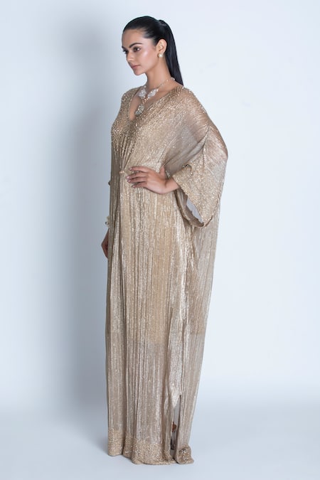 Buy_Oru Pret_Gold Shimmer Pleated Hand Embroidered Crystals V Neck Kaftan _Online_at_Aza_Fashions