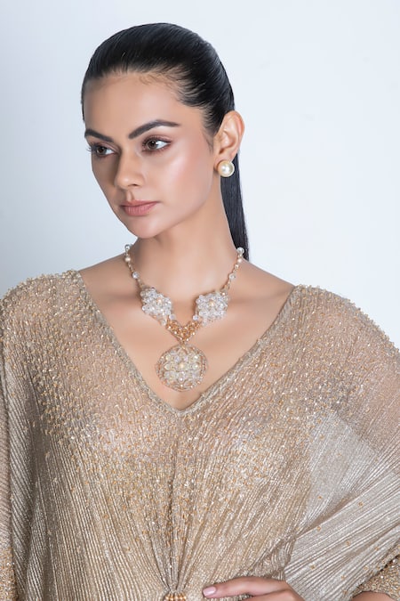 Shop_Oru Pret_Gold Shimmer Pleated Hand Embroidered Crystals V Neck Kaftan _Online_at_Aza_Fashions