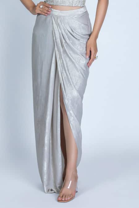 Oru Pret Silver Crepe Crystals, Sequins, Cut Hand Embroidered Corset With Draped Skirt Online at Aza Fashions Oru Pret_Silver Crepe Crystals, Sequins, Cut Hand Embroidered Corset With Draped Skirt _Online_at_Aza_Fashions