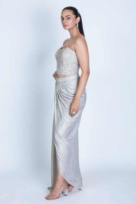 Buy Oru Pret Silver Crepe Crystals, Sequins, Cut Hand Embroidered Corset With Draped Skirt Online at Aza Fashions Buy_Oru Pret_Silver Crepe Crystals, Sequins, Cut Hand Embroidered Corset With Draped Skirt _Online_at_Aza_Fashions