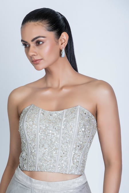 Shop Oru Pret Silver Crepe Crystals, Sequins, Cut Hand Embroidered Corset With Draped Skirt Online at Aza Fashions Shop_Oru Pret_Silver Crepe Crystals, Sequins, Cut Hand Embroidered Corset With Draped Skirt _Online_at_Aza_Fashions