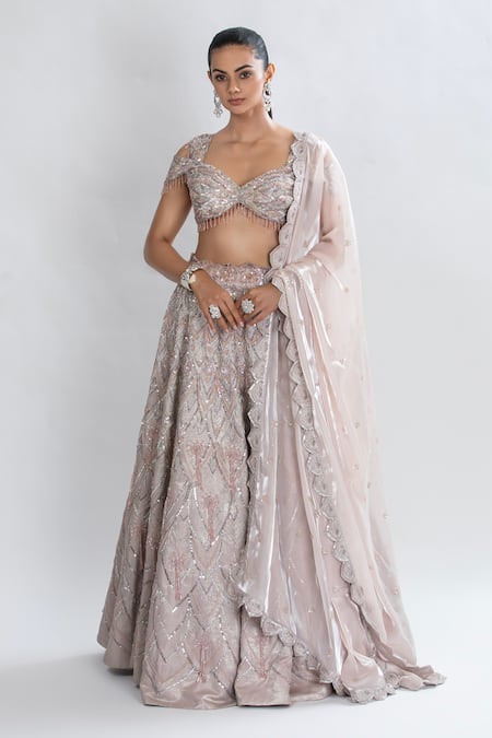 ORU PRET Pink Shimmer Crepe Hand Embroidered Sequin Sweetheart Lehenga Blouse Set 