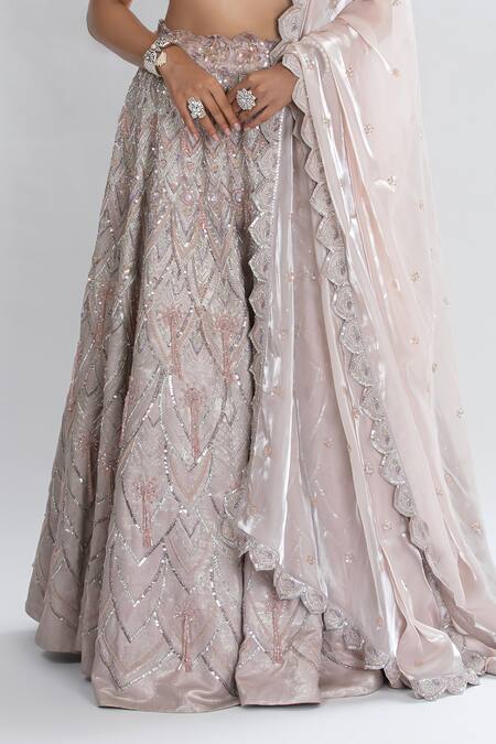 Oru Pret Pink Crepe, Silk Crystals, Sequins, Cut Work Hand Embroidered Lehenga Blouse Set Online at Aza Fashions Oru Pret_Pink Crepe, Silk Crystals, Sequins, Cut Work Hand Embroidered Lehenga Blouse Set _Online_at_Aza_Fashions