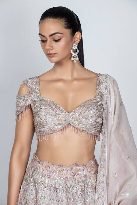 Shop Oru Pret Pink Crepe, Silk Crystals, Sequins, Cut Work Hand Embroidered Lehenga Blouse Set Online at Aza Fashions Shop_Oru Pret_Pink Crepe, Silk Crystals, Sequins, Cut Work Hand Embroidered Lehenga Blouse Set _Online_at_Aza_Fashions