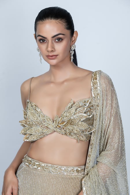 Shop_Oru Pret_Gold Silk Embroidery Plunge Neck Waist Mermaid Lehenga Blouse Set _Online_at_Aza_Fashions