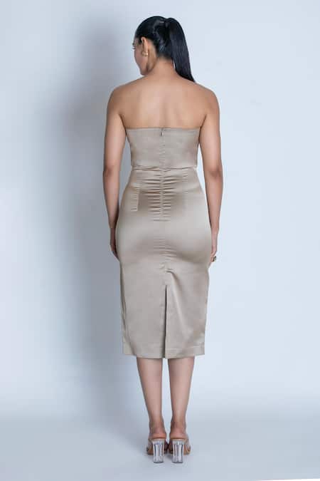 Shop_Oru Pret_Gold Satin Solid Sweetheart Corset Midi Dress _at_Aza_Fashions