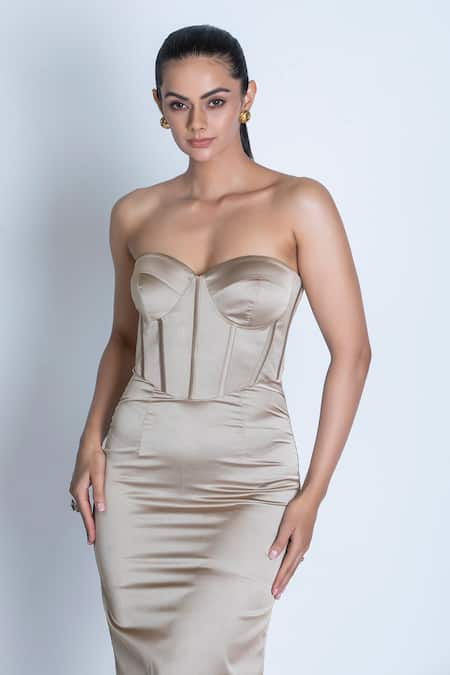 Buy_Oru Pret_Gold Satin Solid Sweetheart Corset Midi Dress _Online_at_Aza_Fashions