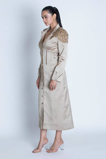 ORU PRET 3D Leaf Embroidered Shoulder Trench Coat Dress 