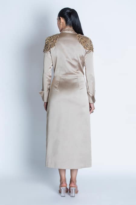 Oru Pret 3D Leaf Embroidered Shoulder Trench Coat Dress 