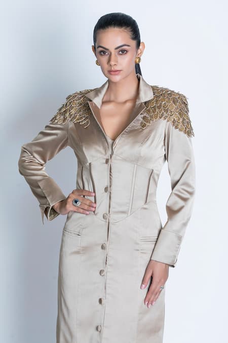Oru Pret_Gold Satin Hand Embroidered 3d Leaf Collared Shoulder Trench Coat Dress _Online_at_Aza_Fashions