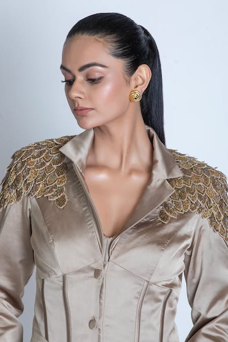 Buy_Oru Pret_Gold Satin Hand Embroidered 3d Leaf Collared Shoulder Trench Coat Dress _Online_at_Aza_Fashions