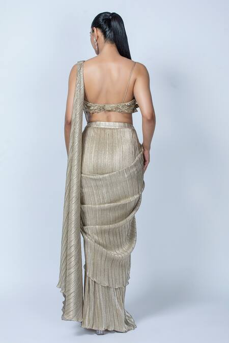 Shop_Oru Pret_Gold Silk, Polyester Sequins, Cut Work Shimmer Pre-draped Saree With Blouse _at_Aza_Fashions