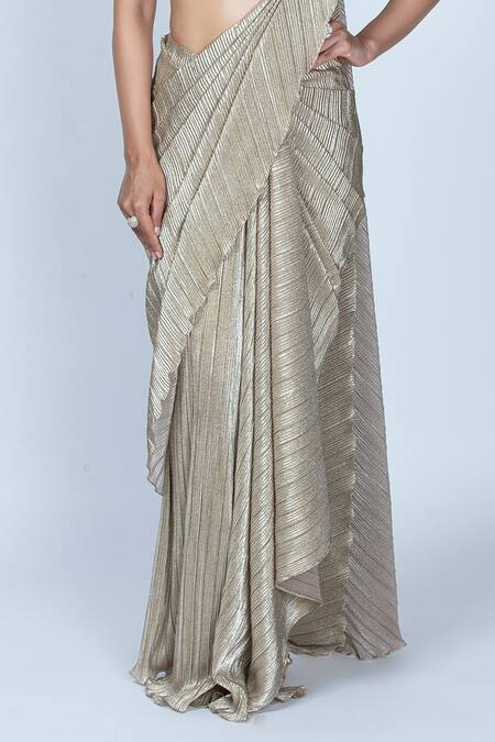 Oru Pret_Gold Silk, Polyester Sequins, Cut Work Shimmer Pre-draped Saree With Blouse _Online_at_Aza_Fashions
