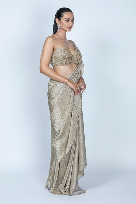 Buy_Oru Pret_Gold Silk, Polyester Sequins, Cut Work Shimmer Pre-draped Saree With Blouse _Online_at_Aza_Fashions