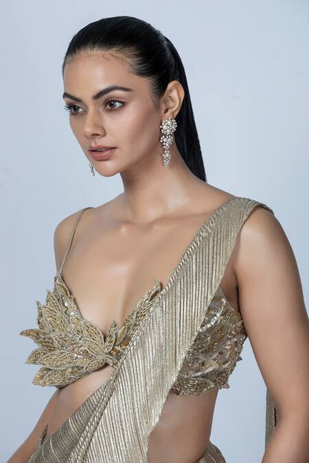 Shop_Oru Pret_Gold Silk, Polyester Sequins, Cut Work Shimmer Pre-draped Saree With Blouse _Online_at_Aza_Fashions