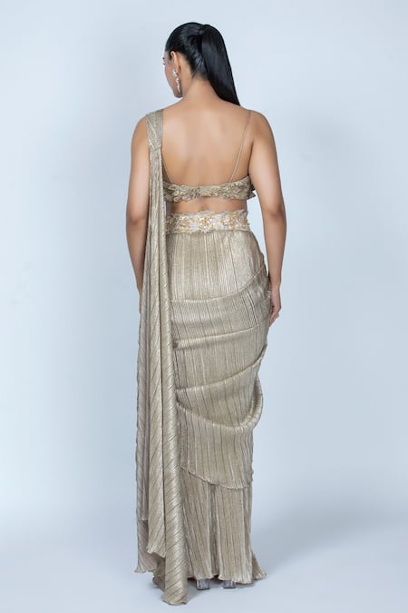 Oru Pret Shimmer Pleated Pre-Draped Saree With Embroidered Blouse 