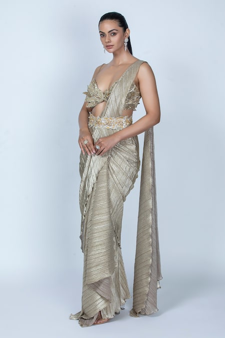 Oru Pret_Gold Silk Sequins, Shimmer Pleated Pre-draped Saree With Embroidered Blouse _Online_at_Aza_Fashions