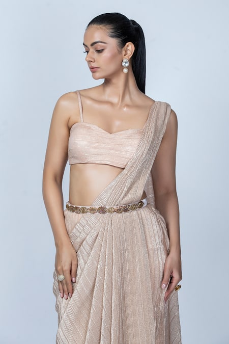 Buy_Oru Pret_Peach Silk Embroidery Sweetheart Neck Shimmer Pleat Pre-draped Saree With Blouse _Online_at_Aza_Fashions