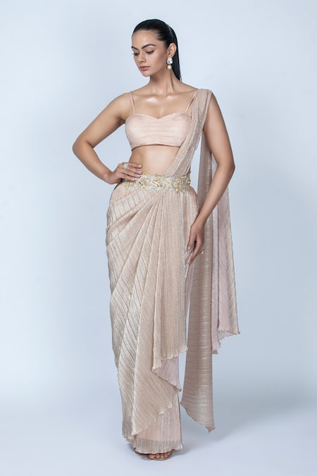 ORU PRET Shimmer Pleat Pre-Draped Saree Set With Embroidered Belt 