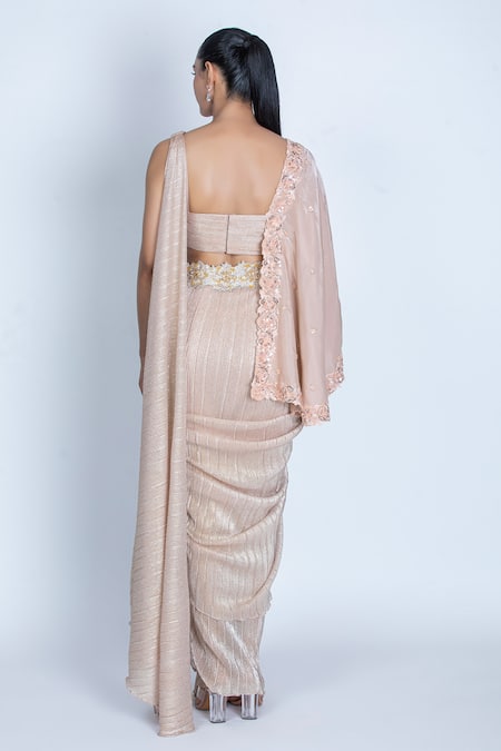 Oru Pret Shimmer Pleated Pre-Draped Saree With Asymmetric Blouse 