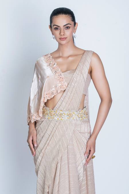 Buy_Oru Pret_Peach Tulle, Silk Shimmer Pleated Pre-draped Saree With Asymmetric Blouse _Online_at_Aza_Fashions