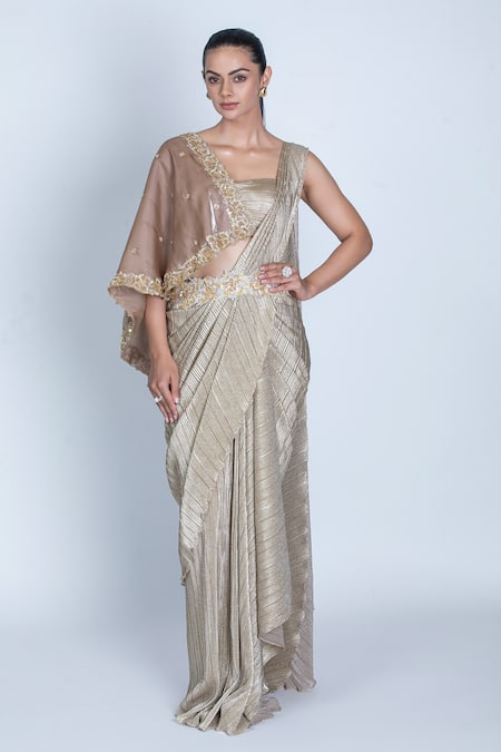 ORU PRET Gold Shimmer Pleated Hand Embroidered Sequin One Pre-draped Saree With Blouse 