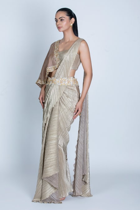 Oru Pret_Gold Tulle, Silk Crystals, Sequins, Pleated Shimmer Pre-draped Saree With Blouse _Online_at_Aza_Fashions