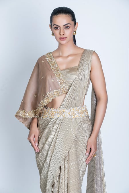 Buy_Oru Pret_Gold Tulle, Silk Crystals, Sequins, Pleated Shimmer Pre-draped Saree With Blouse _Online_at_Aza_Fashions