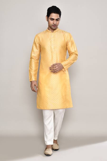 Arihant Rai Sinha_Yellow Embroidery Floral Butti Pattern Kurta_at_Aza_Fashions