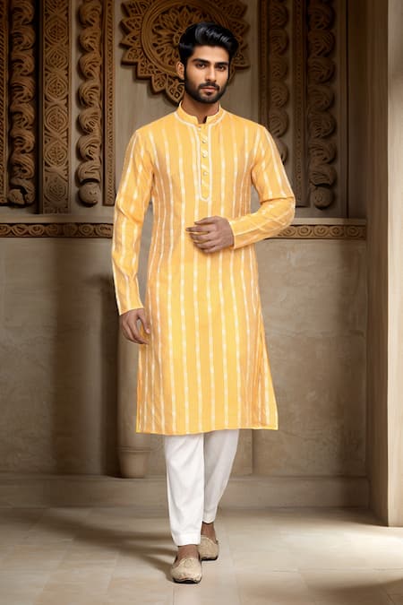 Arihant Rai Sinha Yellow Banaras Chanderi Woven Floral Stripe Pattern Kurta 