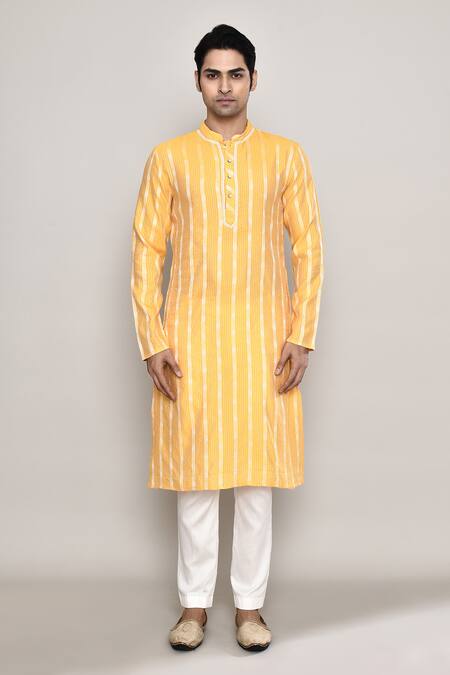 Arihant Rai Sinha_Yellow Chanderi Embroidery Floral Stripe Pattern Kurta _Online_at_Aza_Fashions