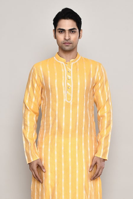 Buy_Arihant Rai Sinha_Yellow Chanderi Embroidery Floral Stripe Pattern Kurta _Online_at_Aza_Fashions