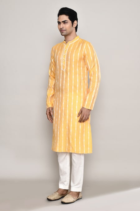 Shop_Arihant Rai Sinha_Yellow Chanderi Embroidery Floral Stripe Pattern Kurta _Online_at_Aza_Fashions