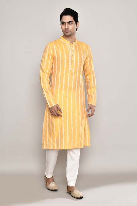 Shop_Arihant Rai Sinha_Yellow Chanderi Embroidery Floral Stripe Pattern Kurta 