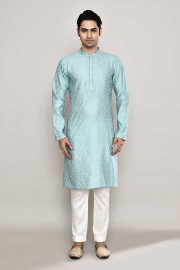 Arihant Rai Sinha_Blue Denim Embroidery Mandala Butti Pattern Kurta _Online_at_Aza_Fashions